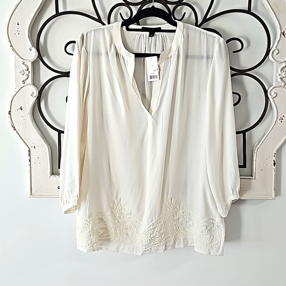 Banana Republic Sheer Blouse Women's Small White Embroidery Peasant.